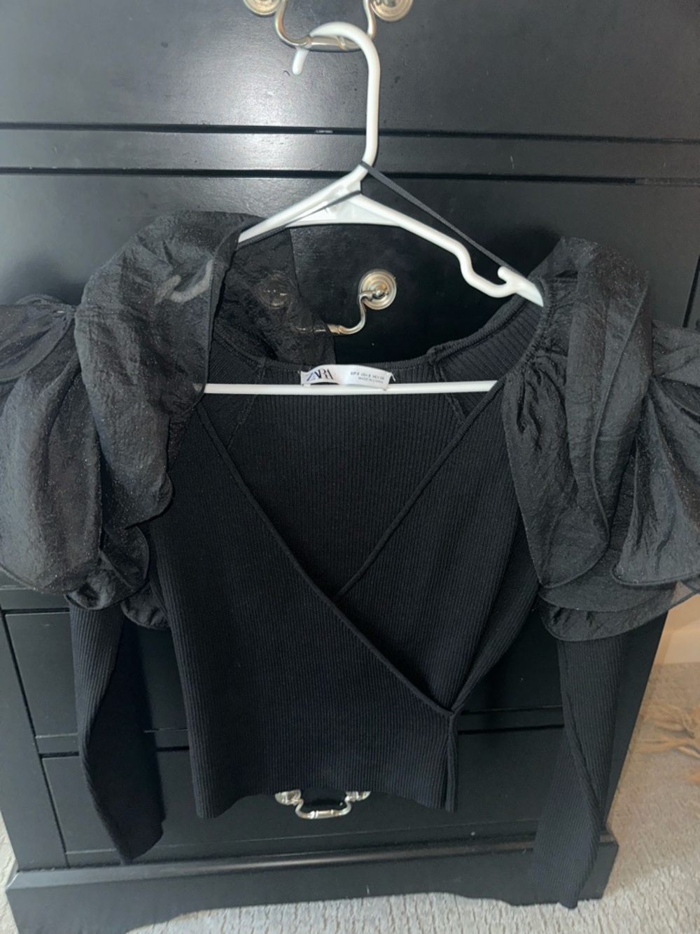 Dramatic Zara Black Puff-Sleeve faux Wrap Rib Knit Top